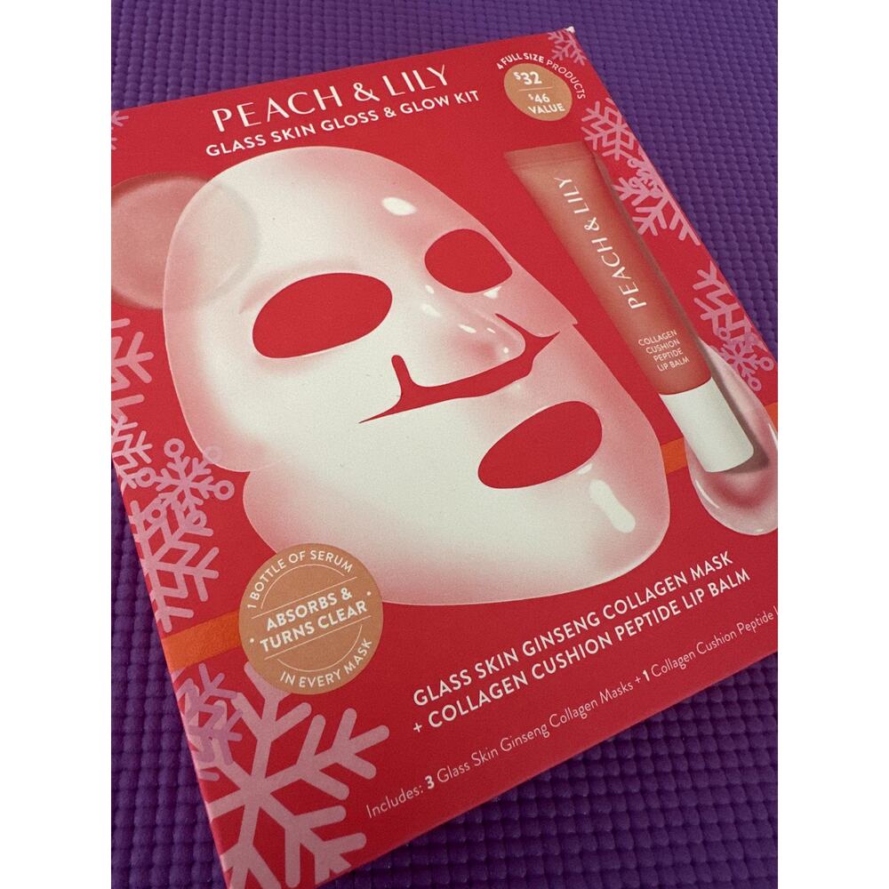 New Peach & Lily Glass Skin Gloss & Glow Kit 3 Collagen Masks 1 Peptide Lip Balm